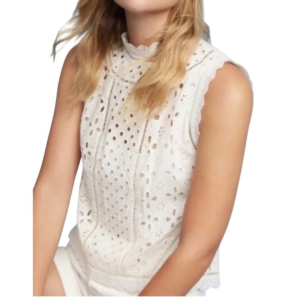 James Coviello Eyelet Sleeveless Top Womens XS White Scallop Mock Neck Boho
